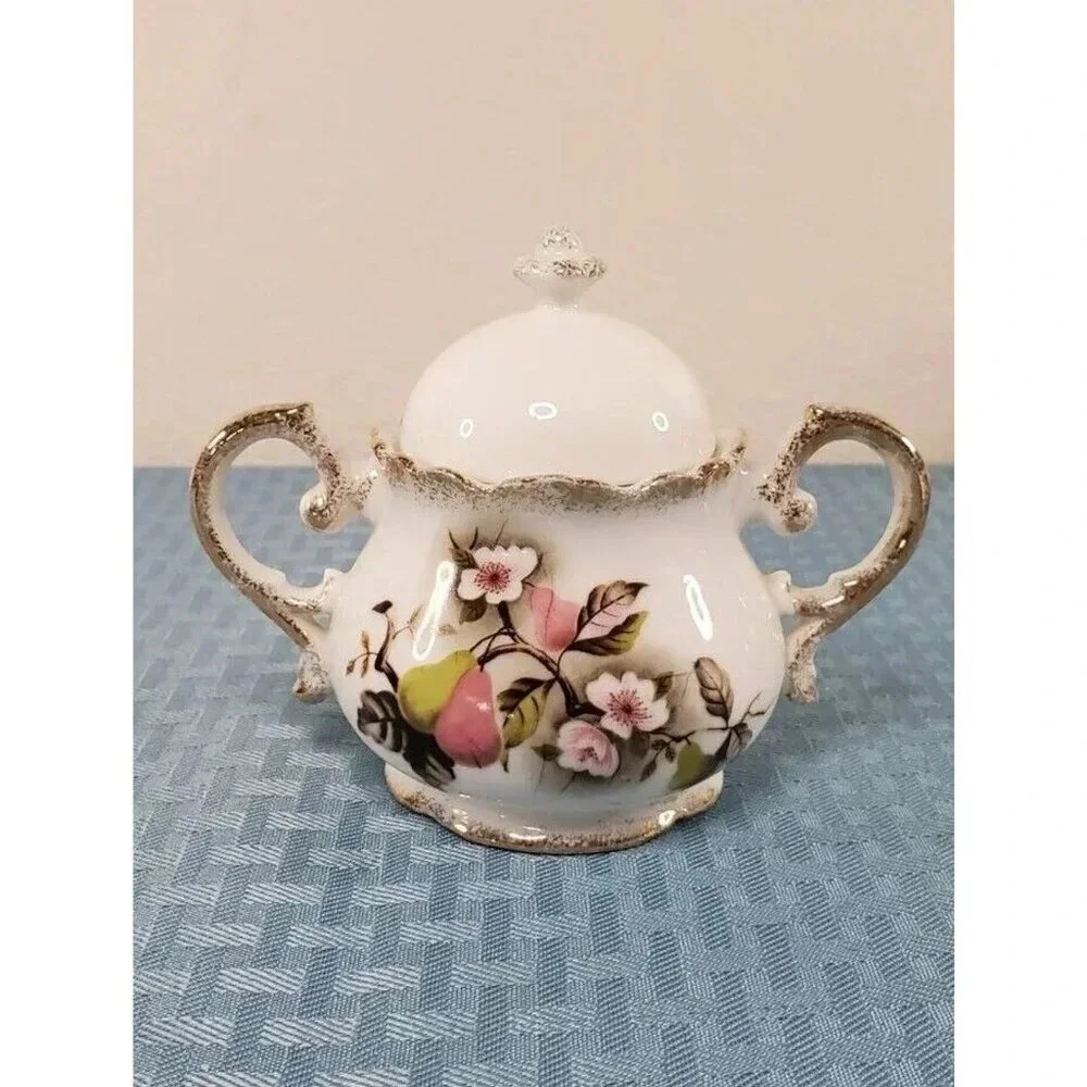 LEFTON CHINA SUGAR BOWL W/LID PAER FLORAL LEAF PATTERN NE 4354 Hand Panted
